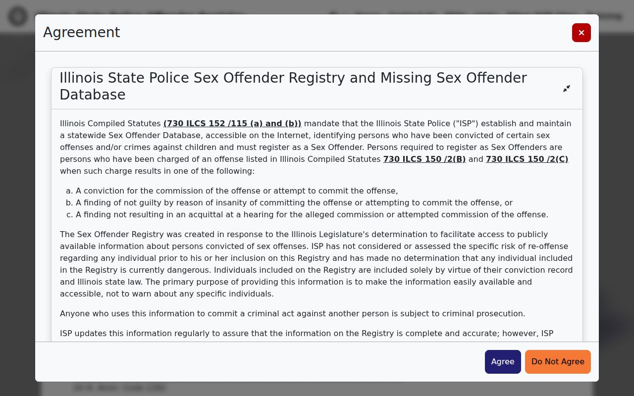 Illinois State Police registry disclaimer for a limited Carol Stream search