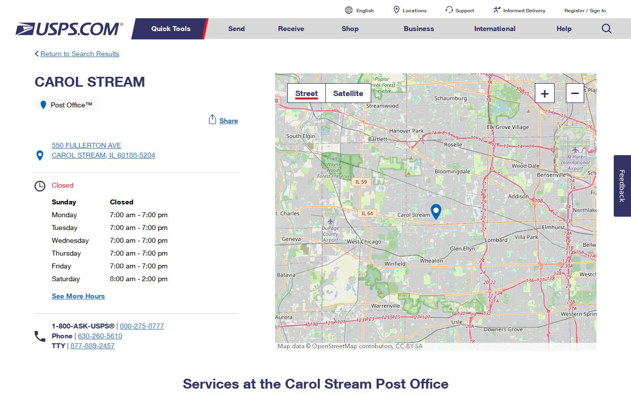 Carol Stream ZIP code directory USPS post office record